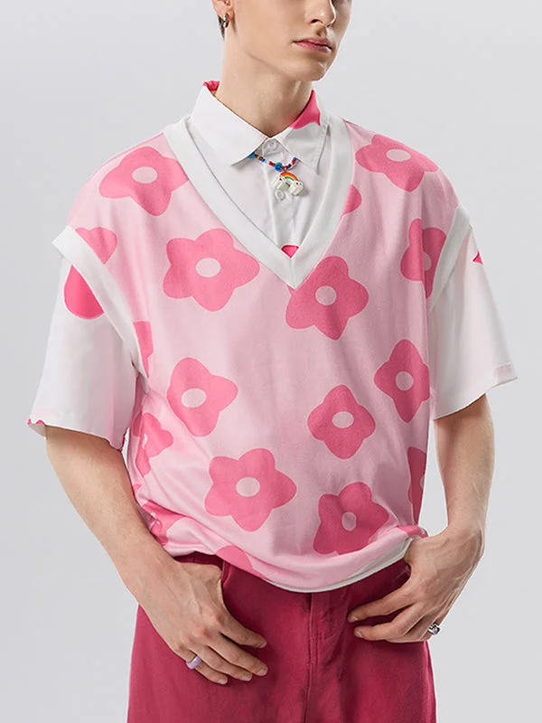 Aonga - Mens Floral Print V-Neck Sleeveless Vest