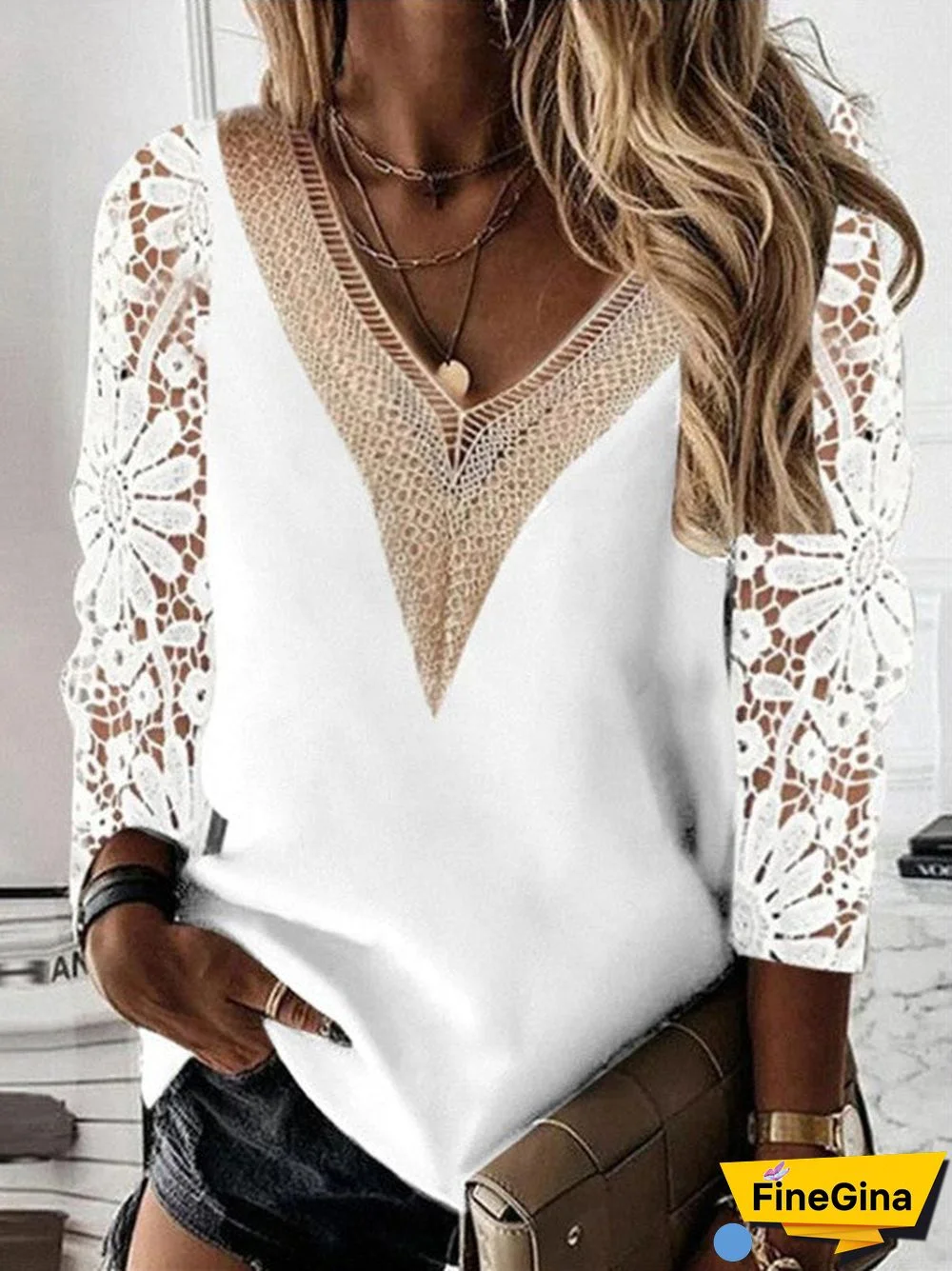 Women's Lace Hollow Long Sleeve V Neck Solid Color Casual Top