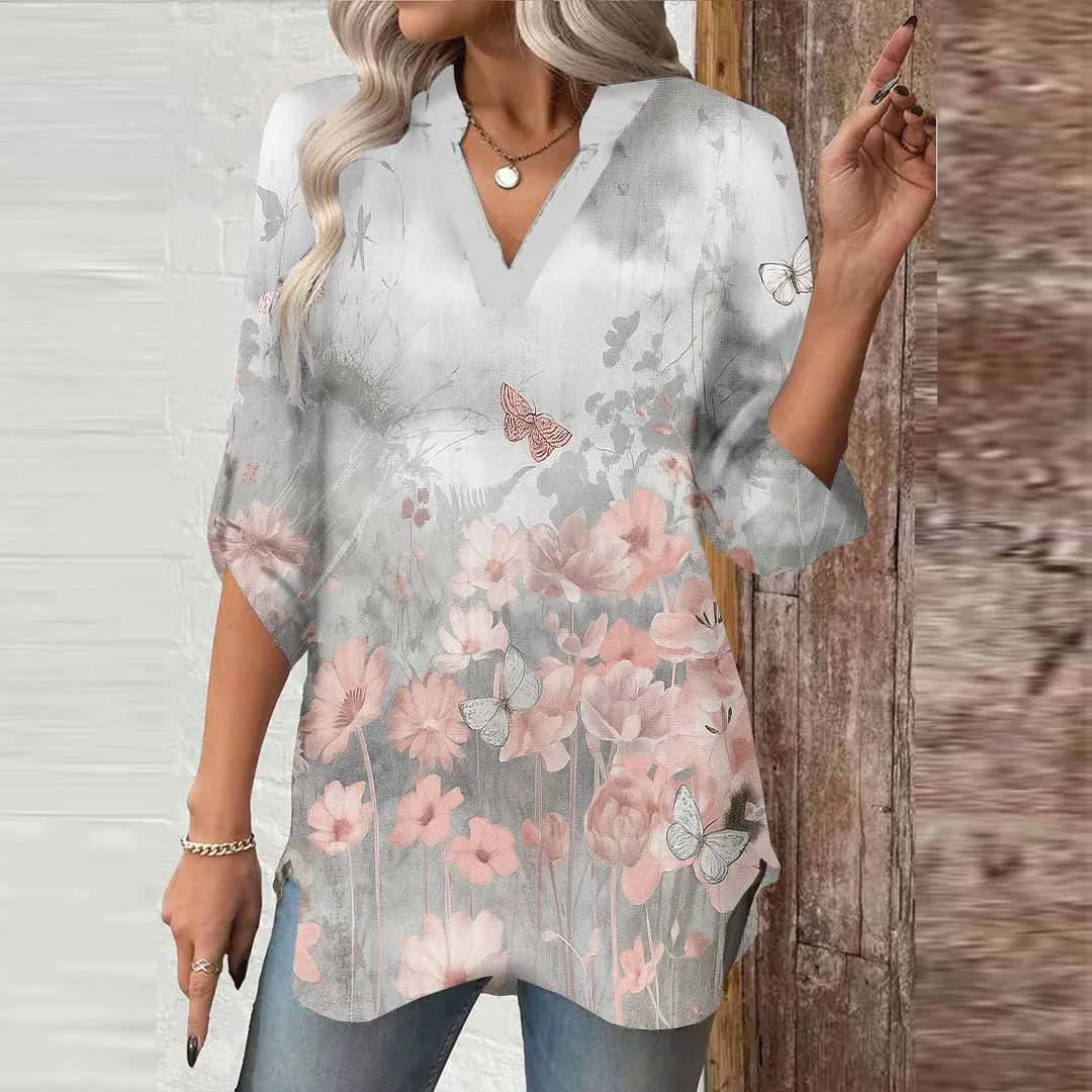 Women Floral,Pink,Grey DZGA0588 3/4 Sleeve V-neck Printed Graphic Button Tops