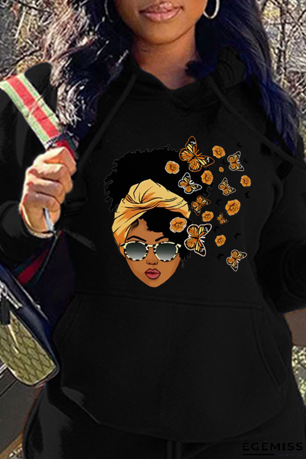 Black Casual Print Patchwork Hooded Collar Tops | EGEMISS