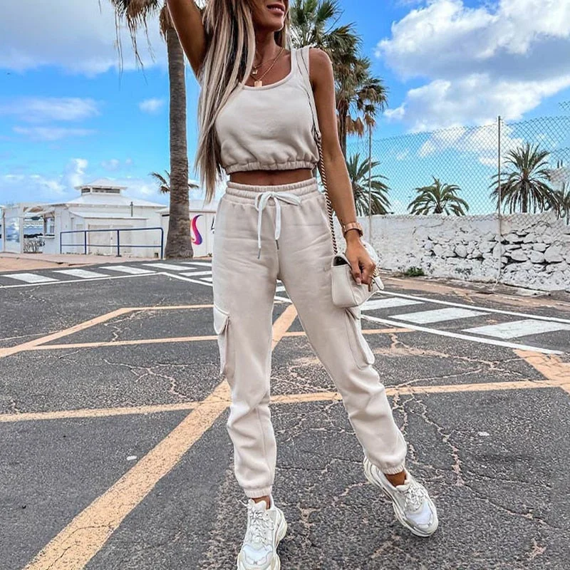 Women Casual Solid Tracksuit 2 Pieces Set Slim Crop Top And Drawstring Long Matching Set 2021 Summer Sportwear Stretch Outwear
