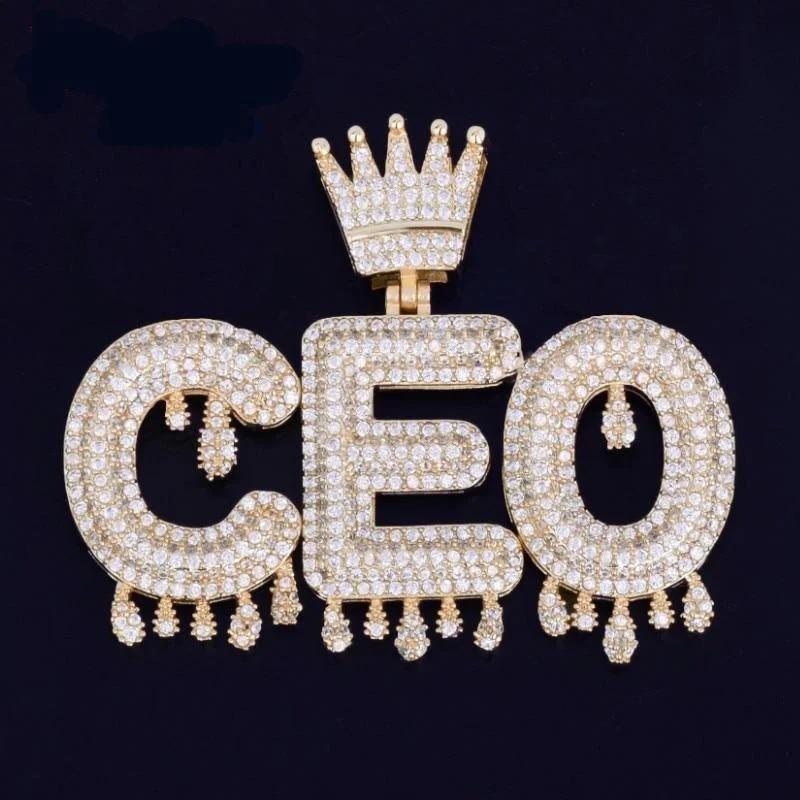 Custom Name Crown Bail Drip Bubble Letters Chain Pendant Women Necklaces-VESSFUL