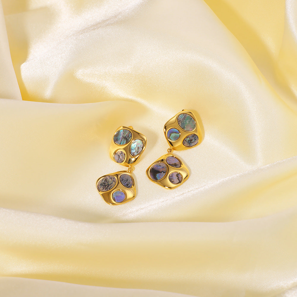 Ins Simple Design French Stainless Steel Irregular Inlaid Natural Black Shell Geometric 18K Gold Earrings