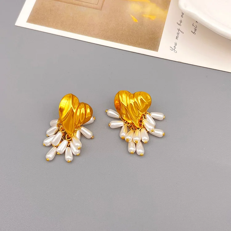 Gold Peach Heart Multi layered Pearl Tassel Earrings