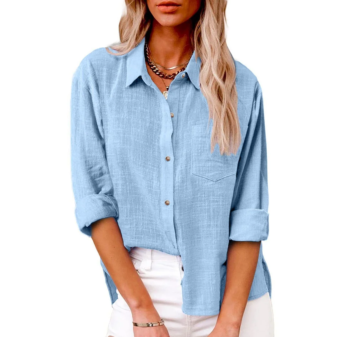 Uveng Autumn Pocket Split Linen Long-sleeved Blouses