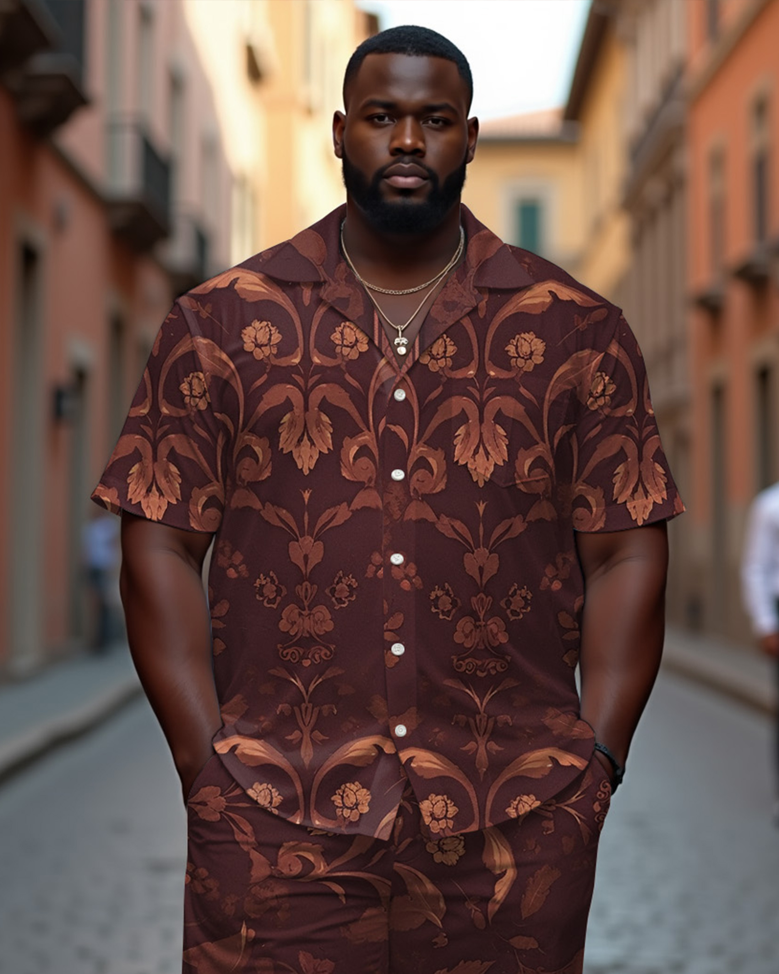 Men's Plus Size Luxury Wine Red Vintage Jacquard Casual Cuban Nair Short Sleeve Shirt Shorts Suit