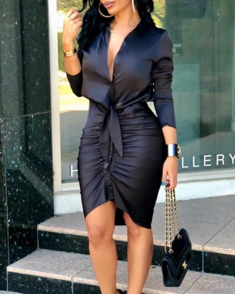 Brownm V-neck Lace-up Solid Color Long Sleeve Dresses
