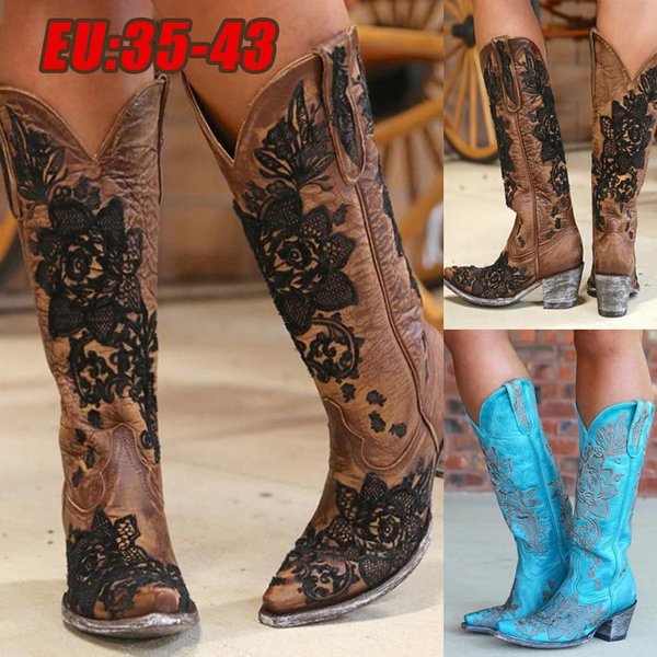 2022 New Sexy Embroidered Cowboy Knee High Boots Women Thick Heel Vintage Boots Autumn Pointed Toe Cowboy Tall Boots - Life is Beautiful for You - SheChoic