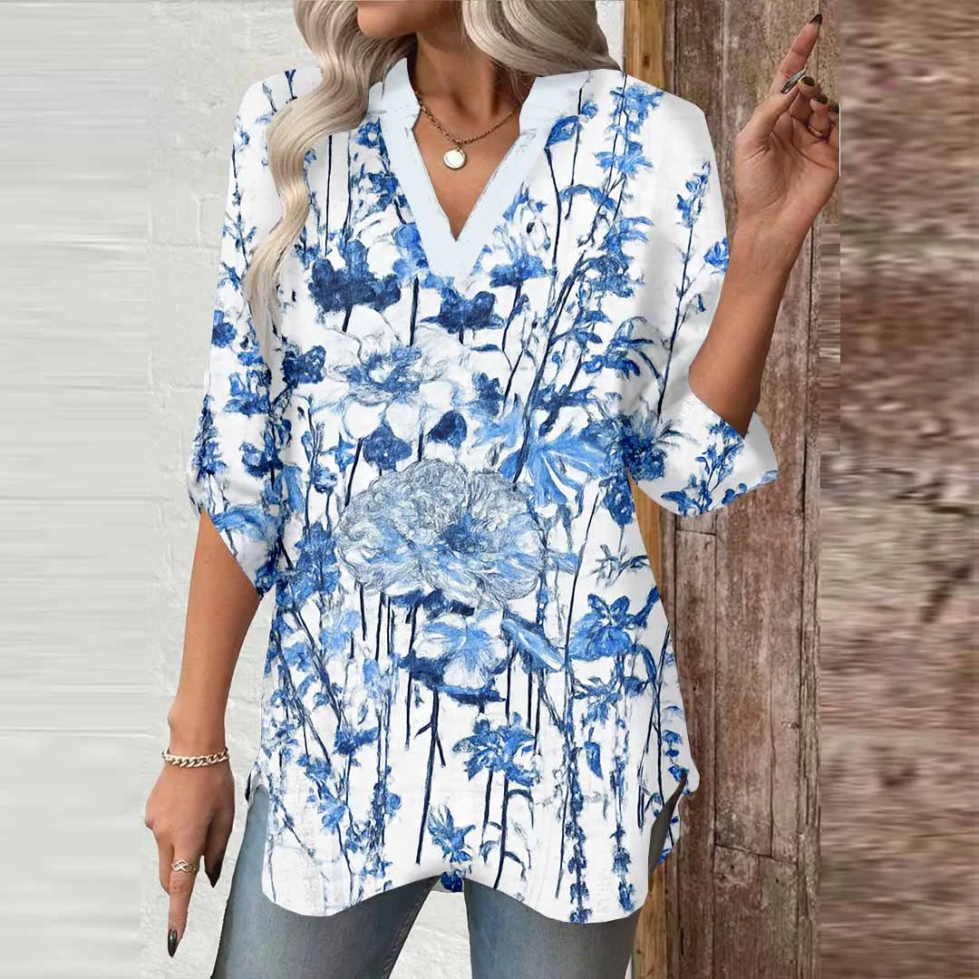 Women Floral,Blue DZGA0023 3/4 Sleeve V-neck Printed Graphic Button Tops