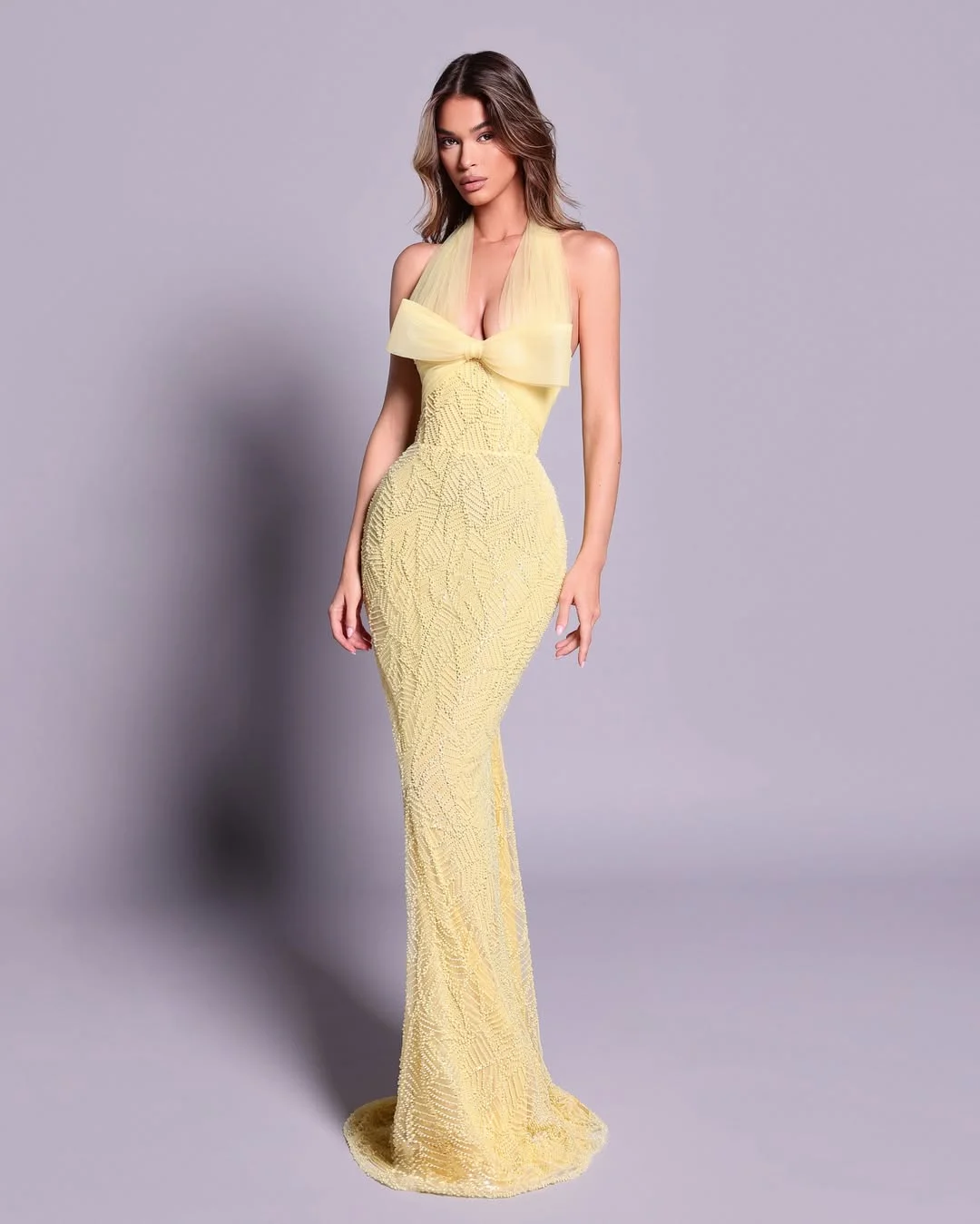 Daffodil Halter Strap Beadings Sleeveless Prom Dress With Train YK0158