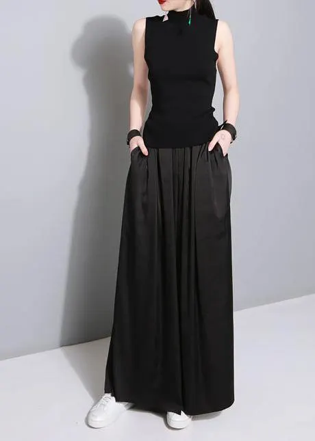 black elegant blended women trousers plus size elastic waist straight pants