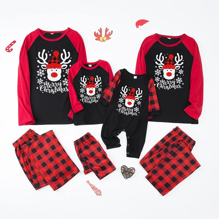 Xmas Elk Cartoon Print Red Plaids Christmas Matching Pajamas For Family
