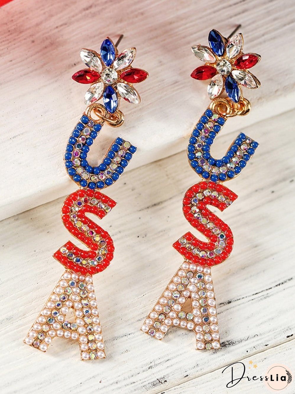 USA Letter Beaded Rhinestone Colorblock Earrings
