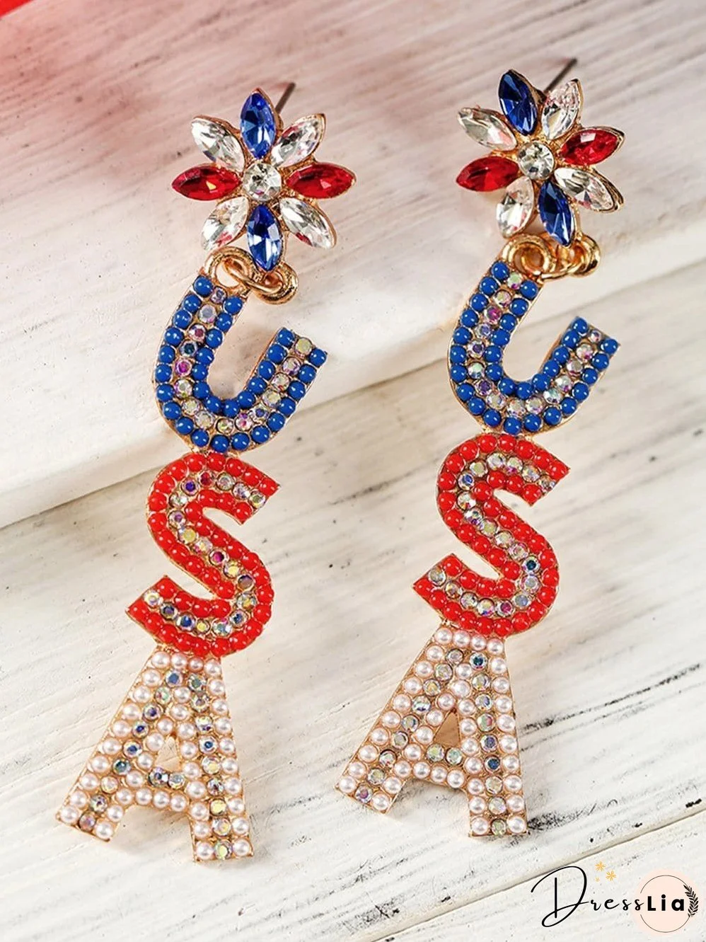 USA Letter Beaded Rhinestone Colorblock Earrings