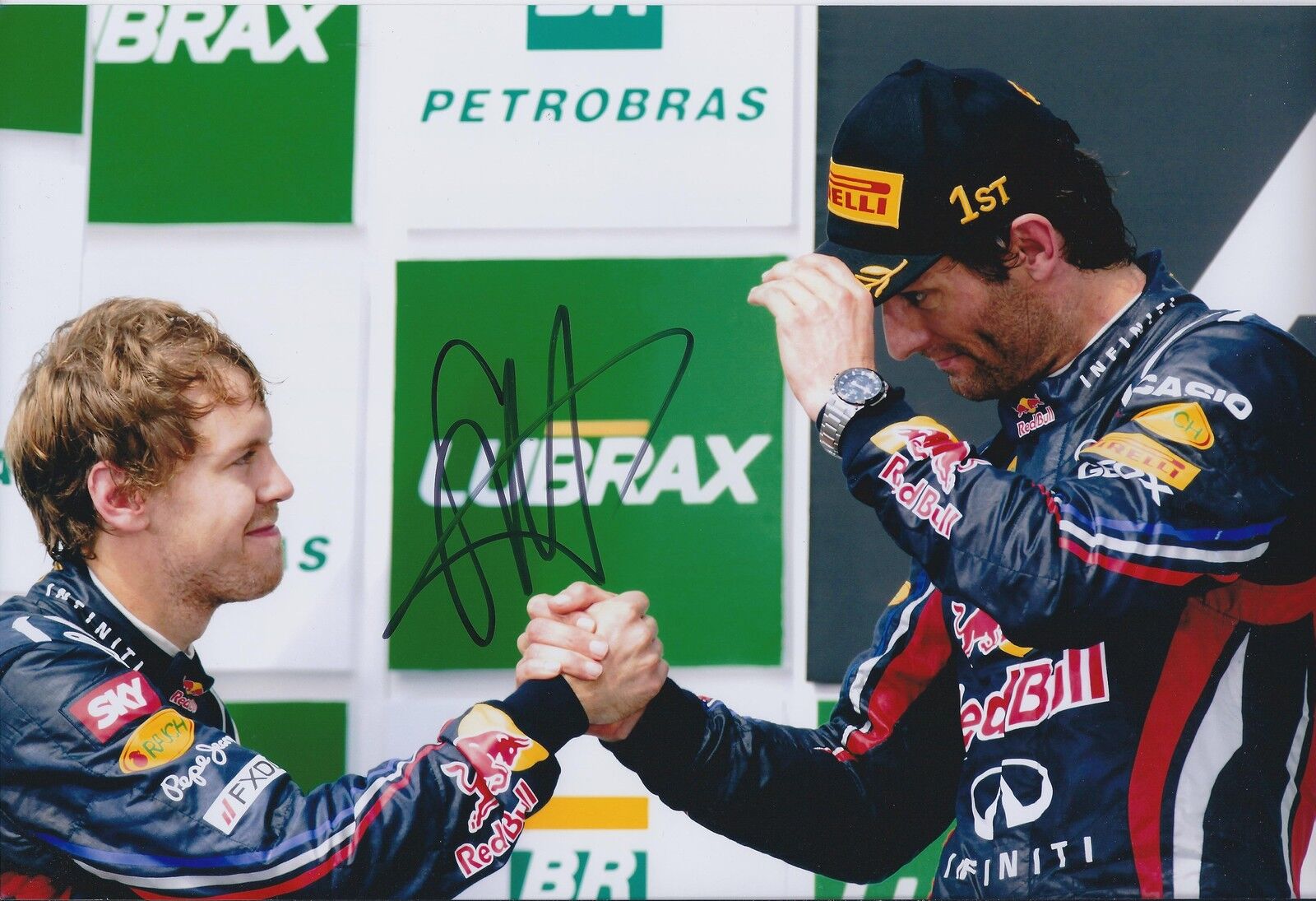 Sebastian VETTEL SIGNED with WEBBER 12x8 Photo Poster painting Red Bull AFTAL Autograph COA