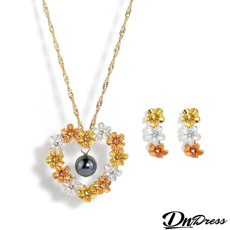 Women's Fashion Brass Plated Real Gold Tricolor Flower Hollow Heart Necklace Earrings Set