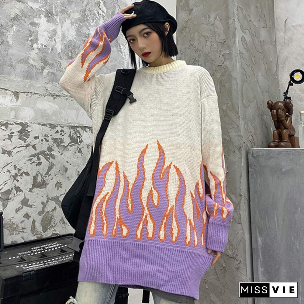 Chic Colorblock Knit Flame Print Sweater