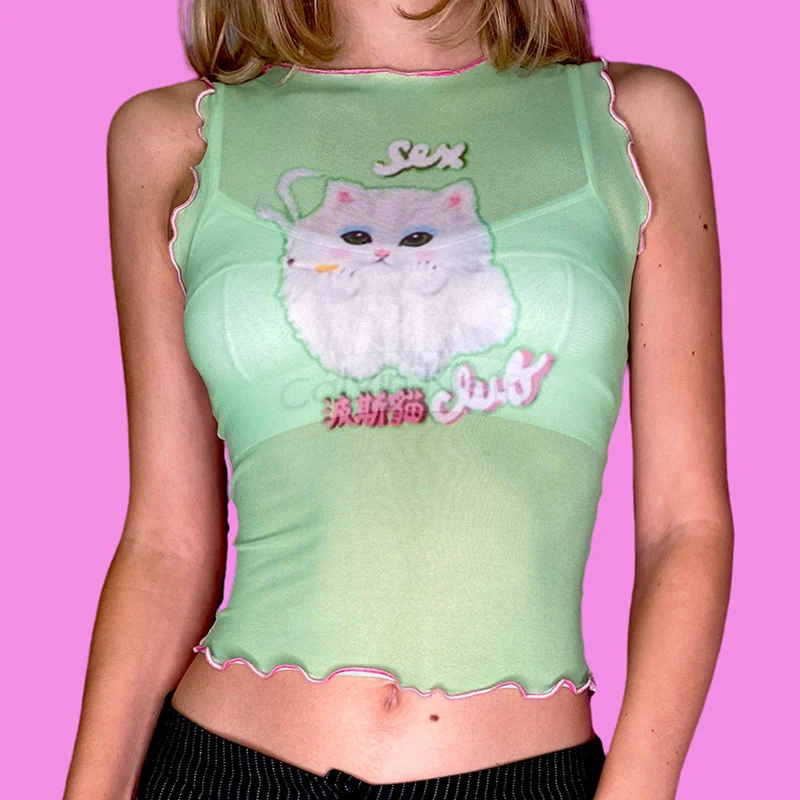 Uveng 2024 Summer New Round Collar Collar Collar Printing Sleeveless Wood Ear Exposed Umbilical Women's Top Vest