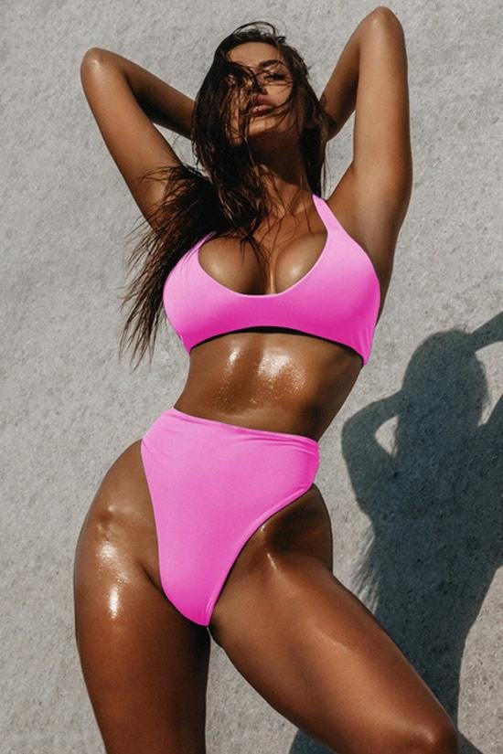 High Leg High Waist Halter Thong Bikini Swimsuit - Two Piece Set-elleschic
