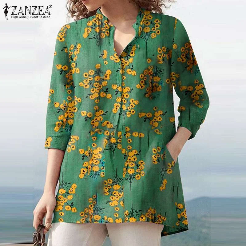 2022 ZANZEA Summer Vintage Floral Printed Blouse Women Elegant Casual 3/4 Sleeve Shirt Bohemian Holiday Blusas Female Tunic Tops
