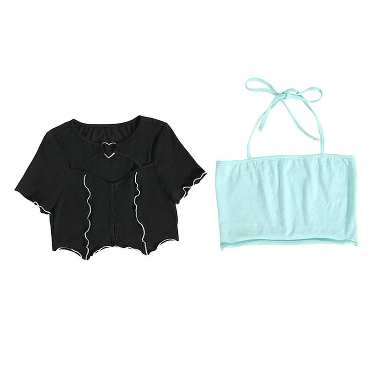Two Pieces Colorblock Lace Up Cami Hollow Out Crop Top T-Shirt - Modakawa Modakawa