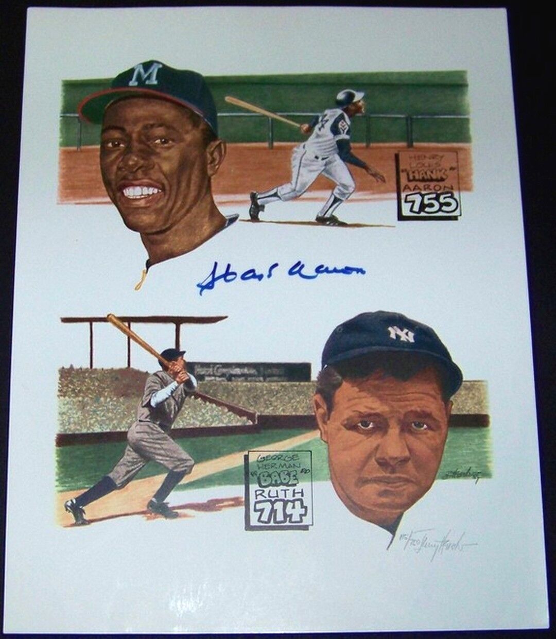 Hank Aaron Babe Ruth Signed Autographed Baseball Lithograph Litho Photo Poster painting SGC COA!