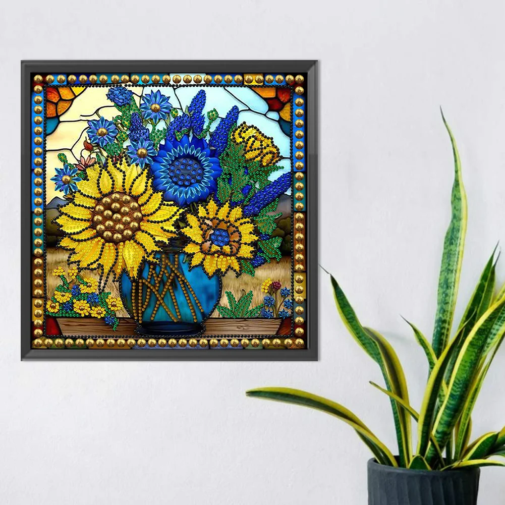 Diamond Painting - Partial Special Shaped Drill - Stained Glass Sunflower(Canvas|30*30cm)