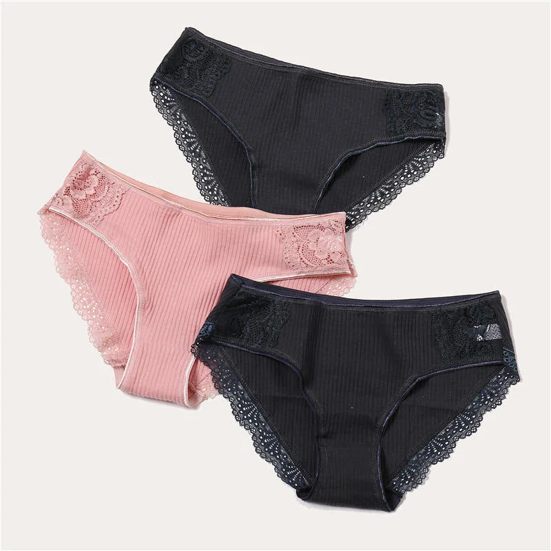 3PCS/Set 6 Color Women Panties Cotton Lace Briefs Solid Color for Female Striped Sexy Cotton Underwear Lingerie Low Waist Flower