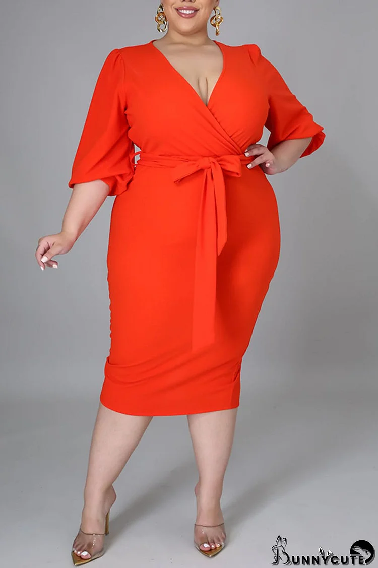 Tangerine Casual Solid Bandage Patchwork V Neck One Step Skirt Plus Size Dresses