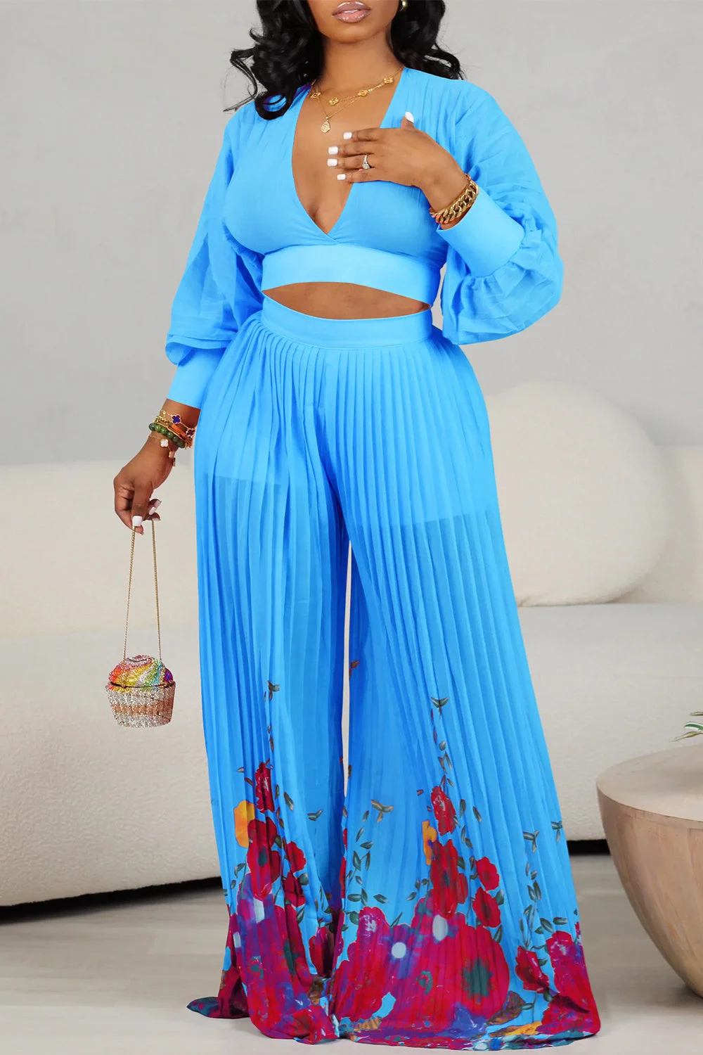 V-neck lantern sleeve pressed pleat two-piece set