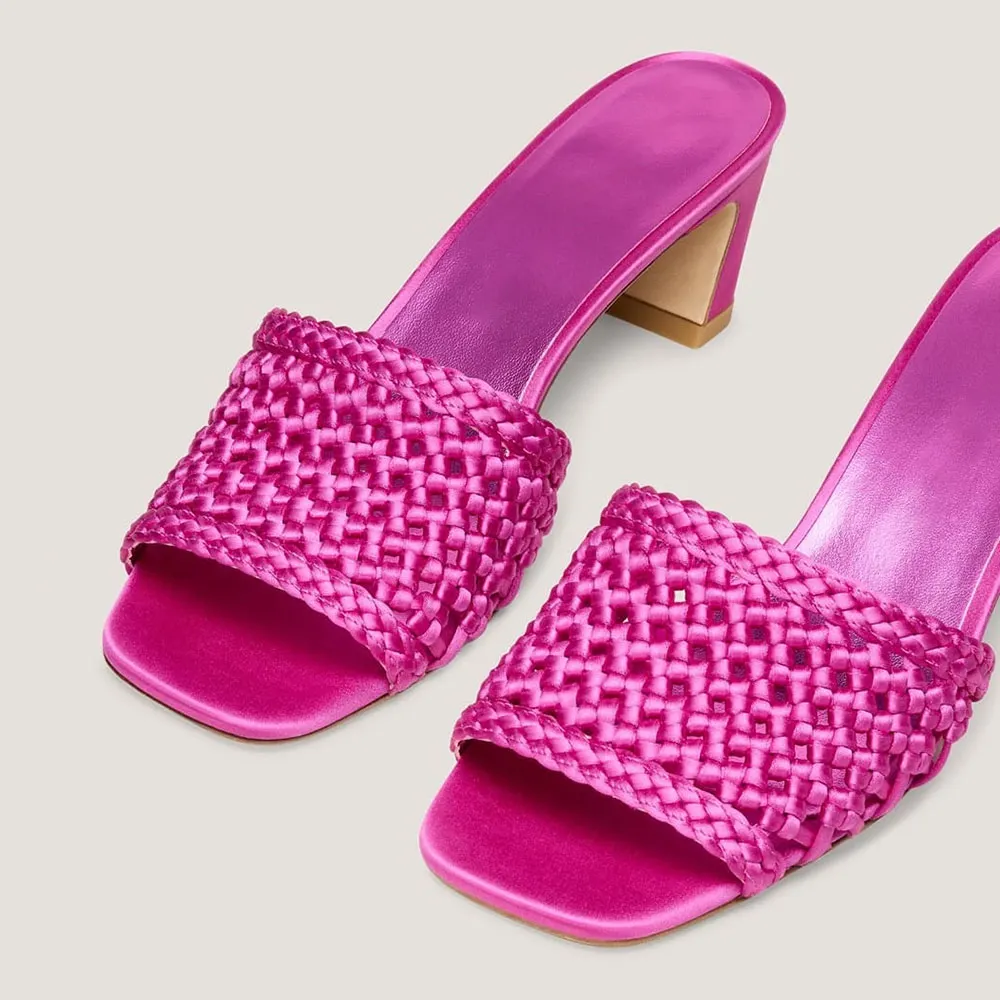 Fuchsia Satin Woven Square Toe Block Heel Slip On Summer Sandals