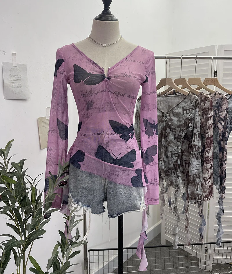 Churchf Dizziness Printing Mesh T-Shirt T-Shirt Irregular Lotus Leaf Side Ribbon Short Coat 9927