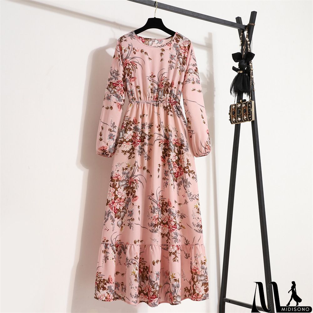 MidiSono - Women Fashion Casual Floral Print Round Neck Long Sleeve Maxi Dress
