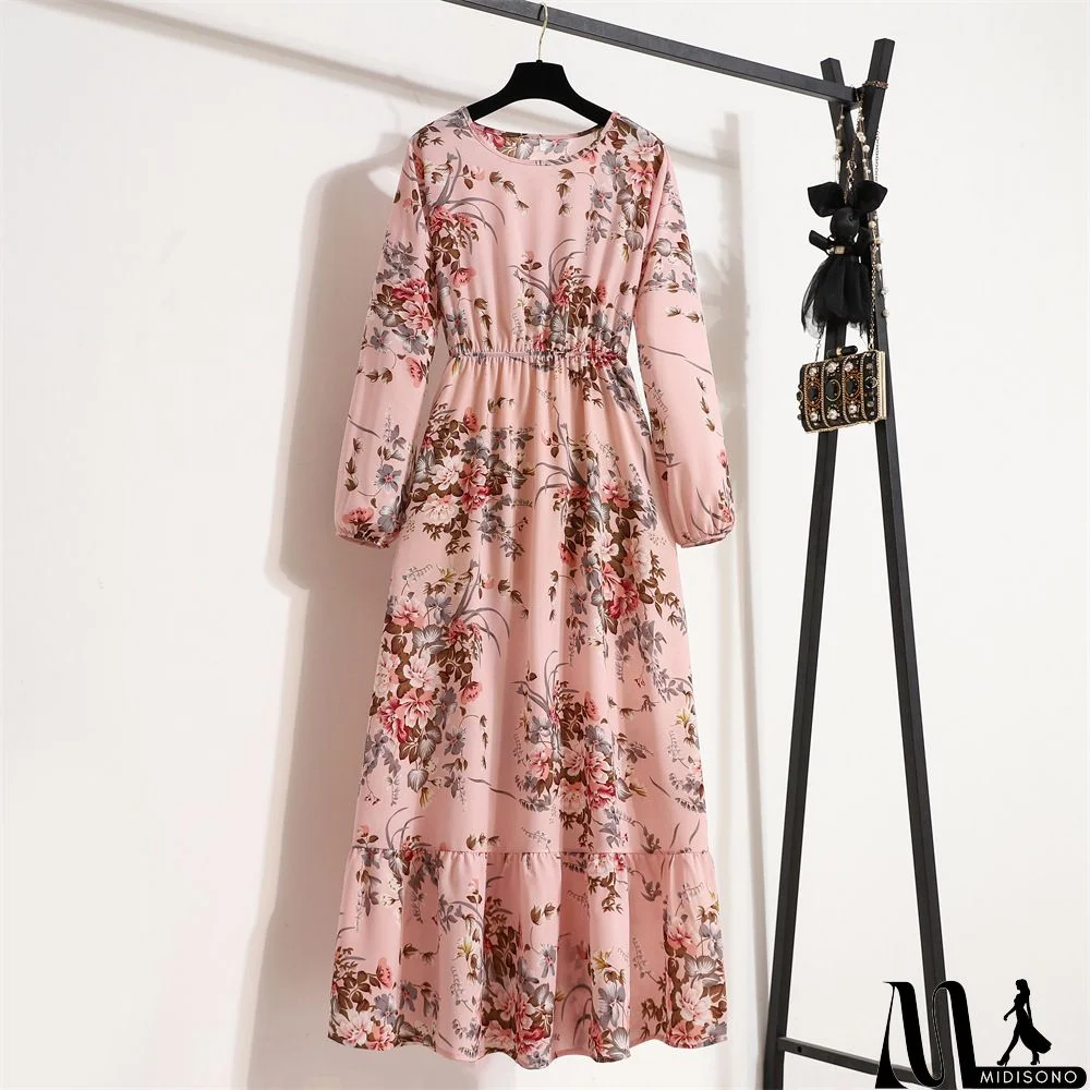 MidiSono - Women Fashion Casual Floral Print Round Neck Long Sleeve Maxi Dress