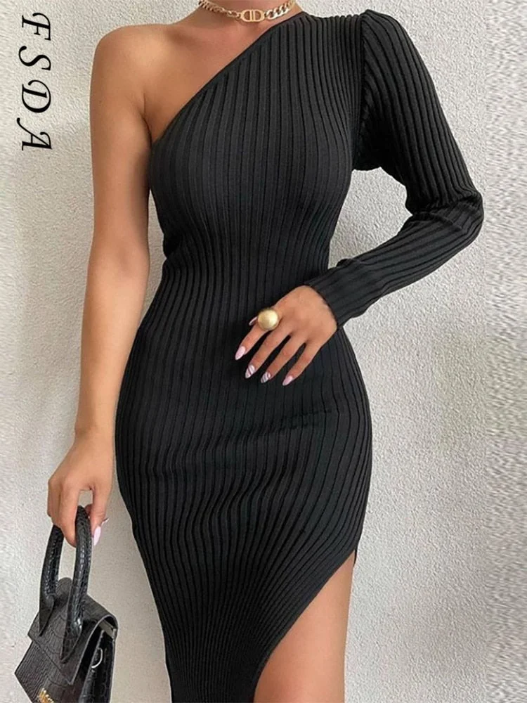 FSDA 2021 Knit Dress Bodycon Women Green Midi Black Sexy Autumn Winter Long Sleeve Sweater Party Dresses Elegant Khaki Club