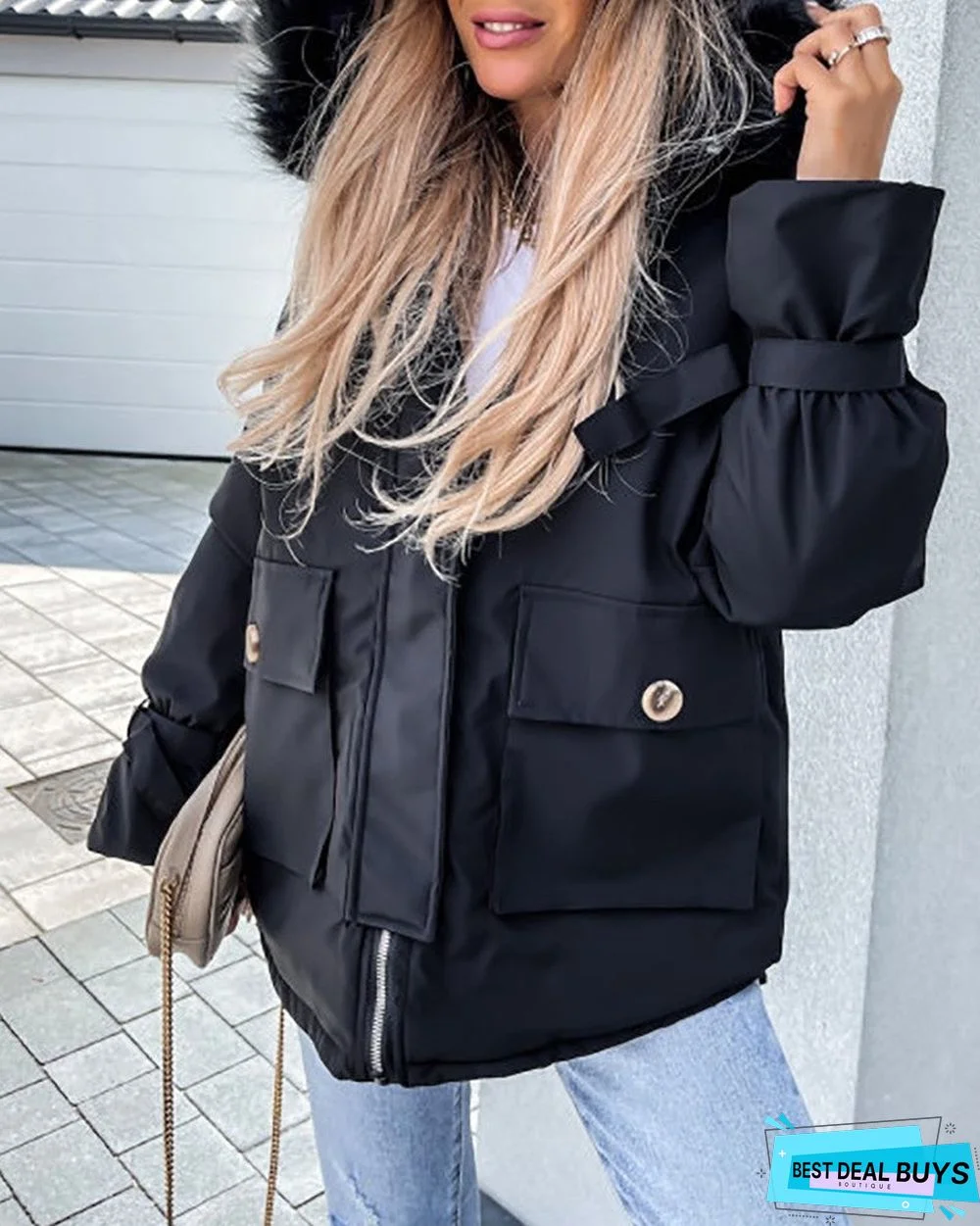 Faux Fur Patch Pocket Zipper Design Hooded Parker Coat