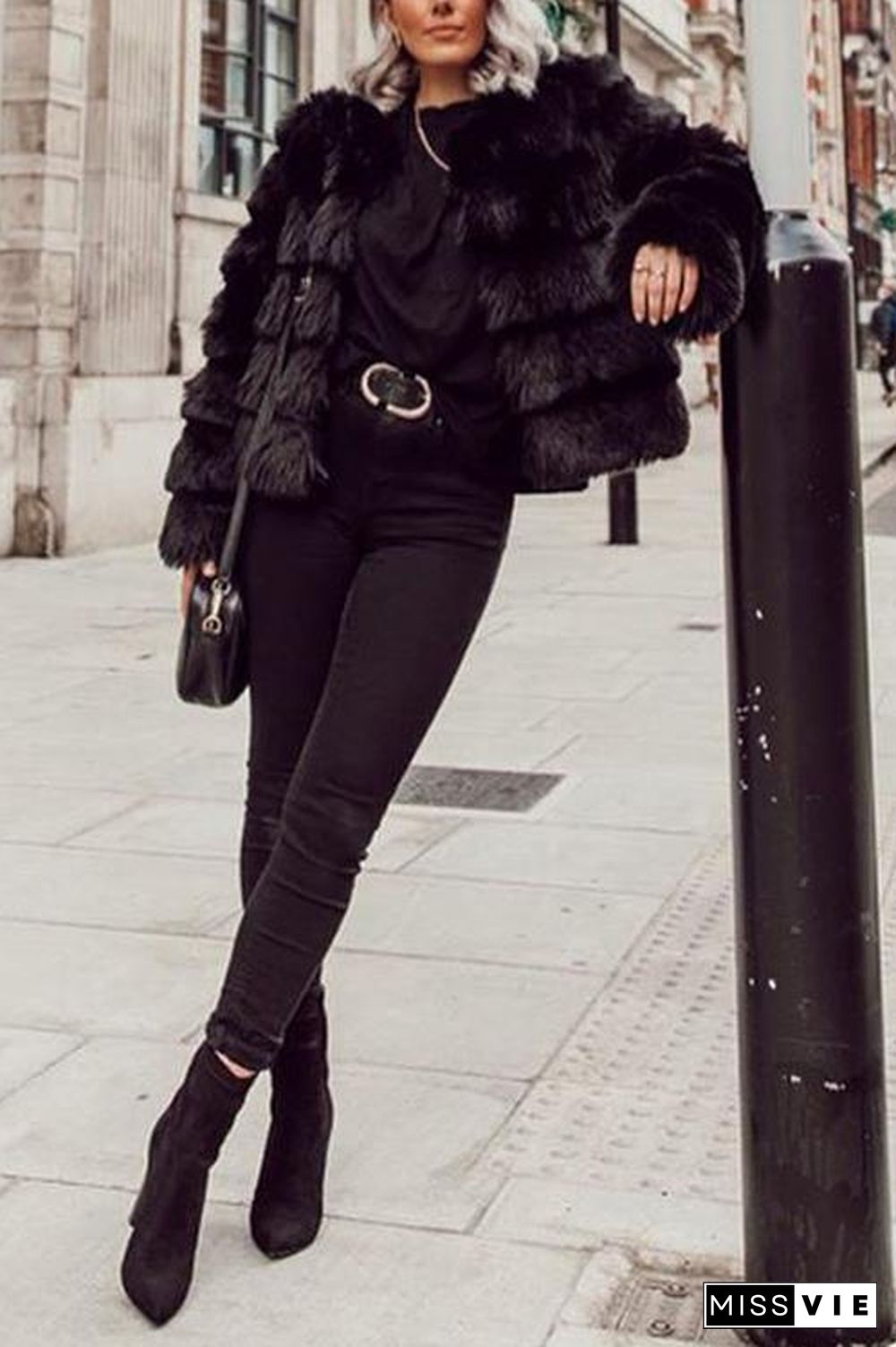 Layer O Neck Faux Fur Coat