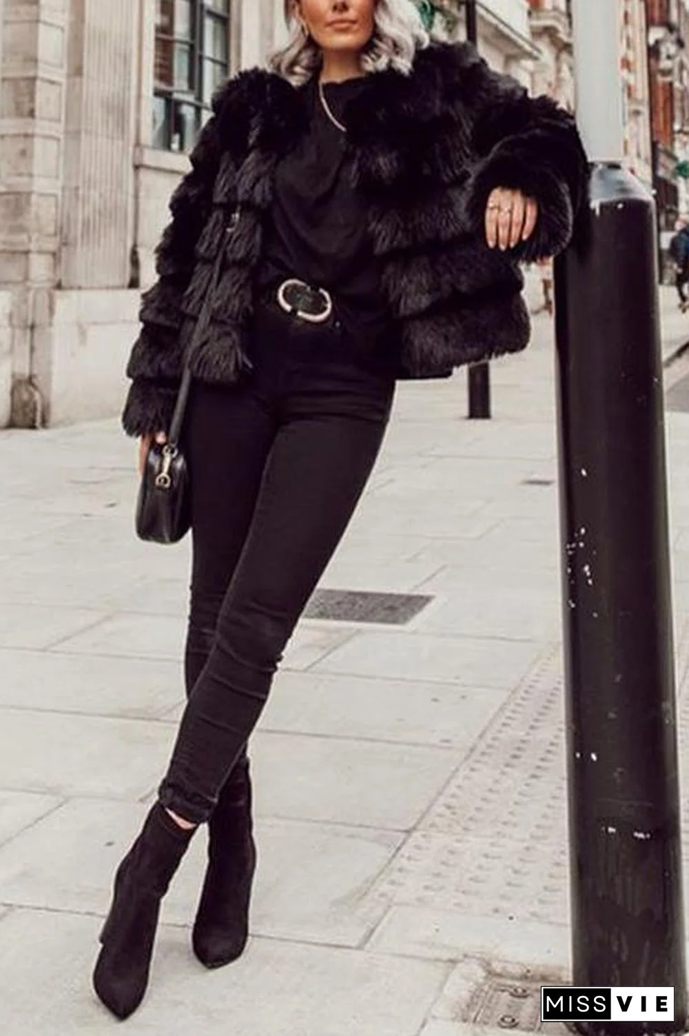 Layer O Neck Faux Fur Coat