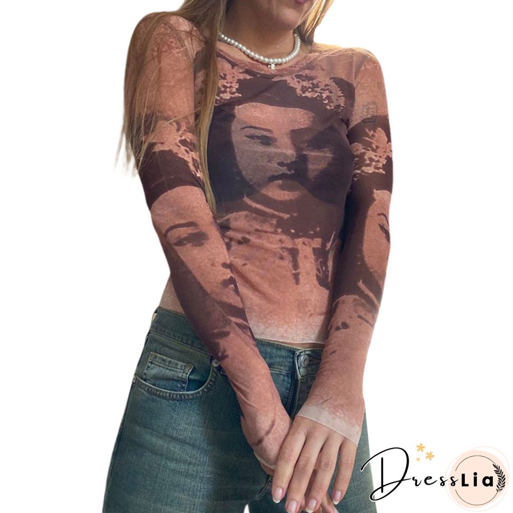 Y2k Women Long Sleeve T-shirt Anime Aesthetic Portrait Printing Mesh Yarn Round Neck Tops Goth Harajuku Streetwear