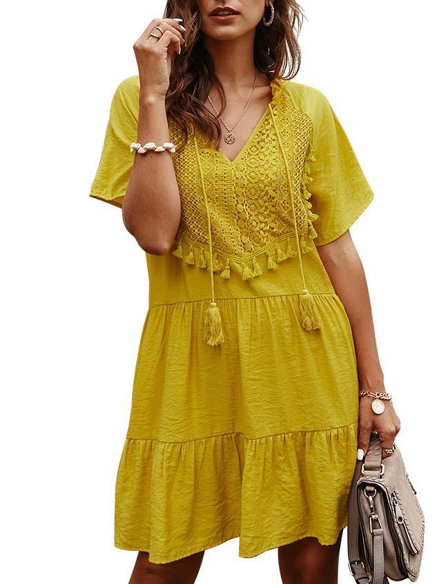 Women's Short Sleeve V-neck Lace Patchwork Mini Dress