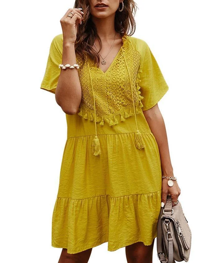 Women's Short Sleeve V-neck Lace Patchwork Mini Dress