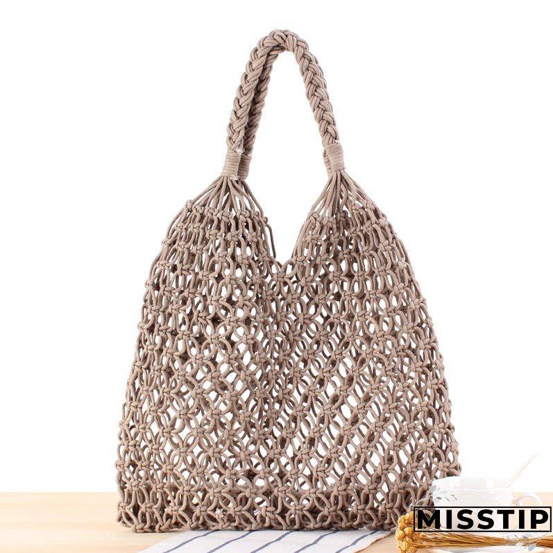 Paziye Shoulder Woven Bag Handbag Handmade Cotton Rope Net Bag Beach Bag
