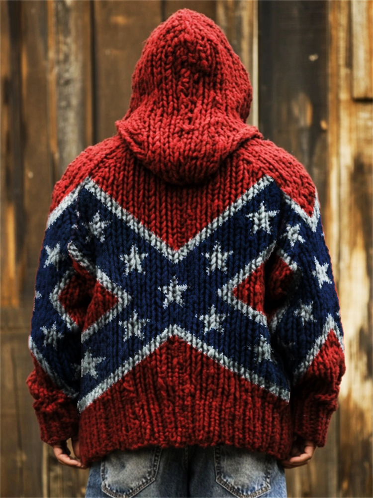 Men's Southern Pride Rebel Flag Inspired Chunky Hooded Cardigan