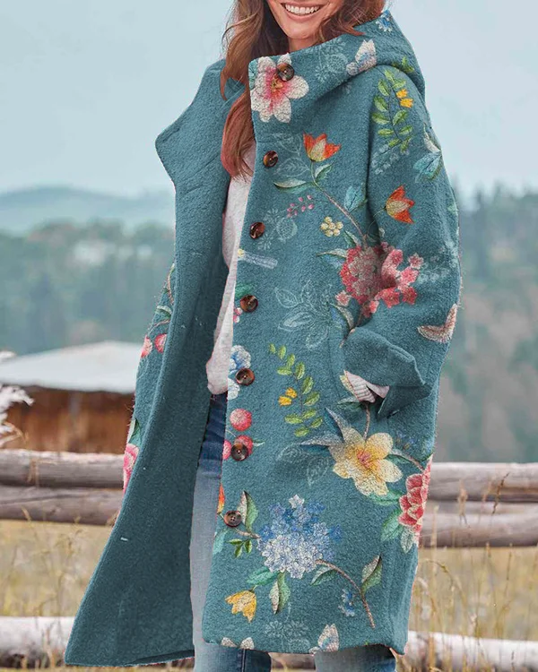Vintage Floral Print Hooded Long Sleeve Jacket