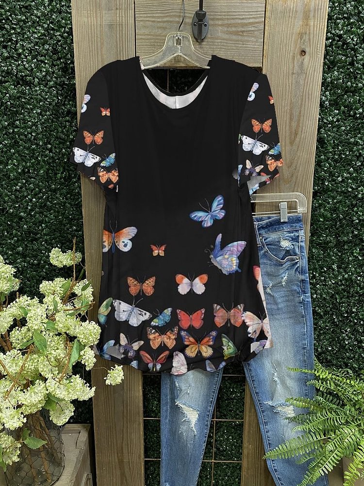 Women's Black Butterfly Print  T-shirt-Mayoulove