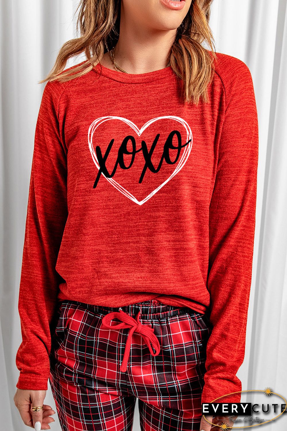Red XOXO Heart Shaped Print Top and Plaid Pants Lounge Wear
