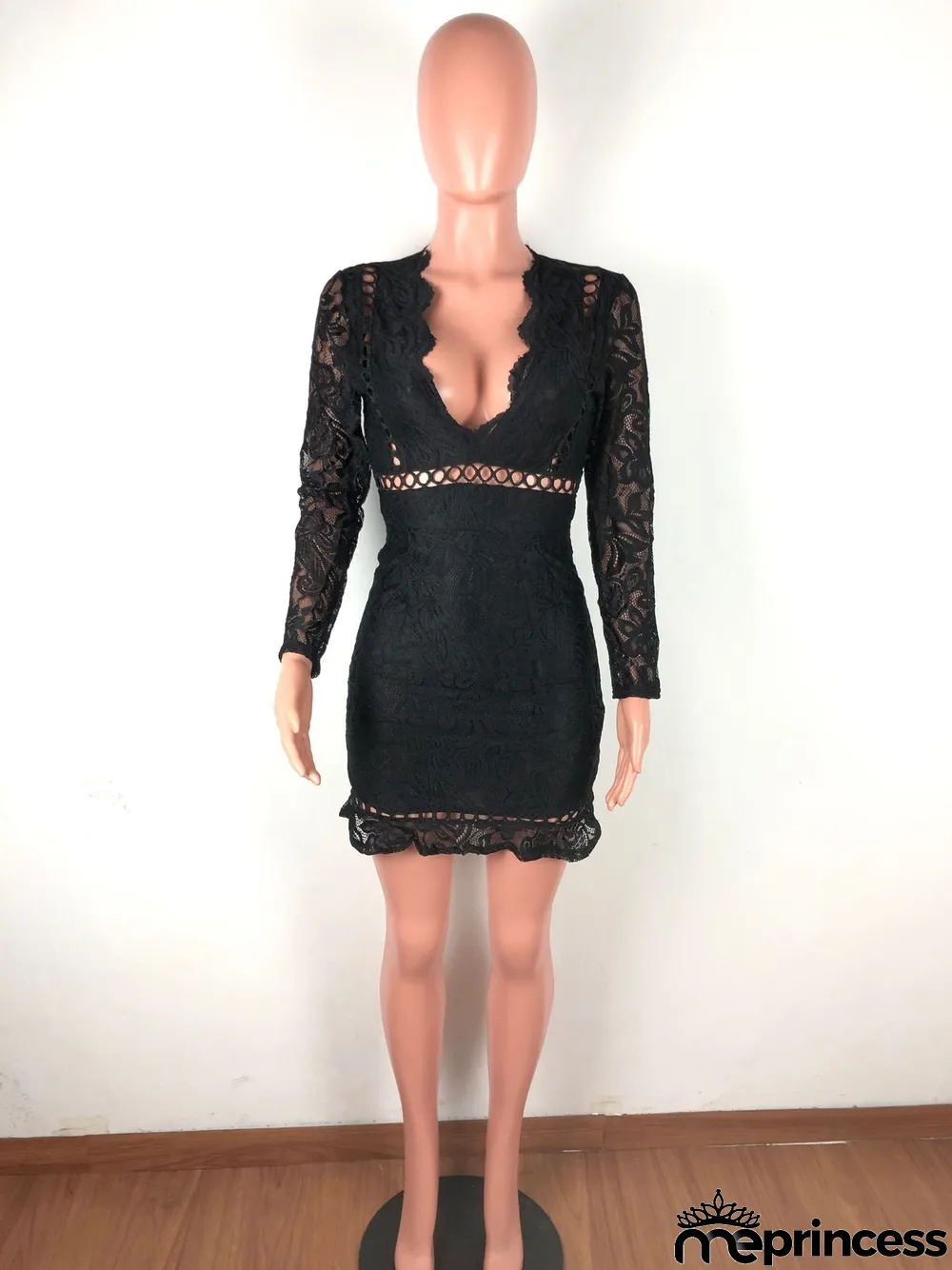 Sexy Lace Deep V Neck Long Sleeve Slim Mini Dress