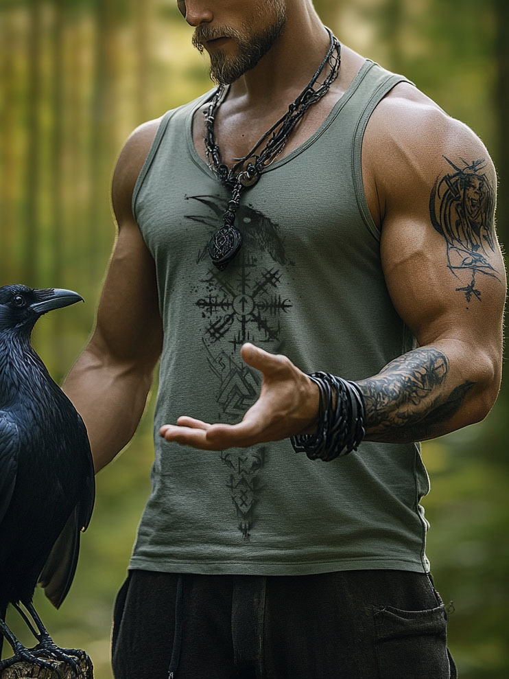 Men's Viking Odin Raven Totem Design Casual Vest