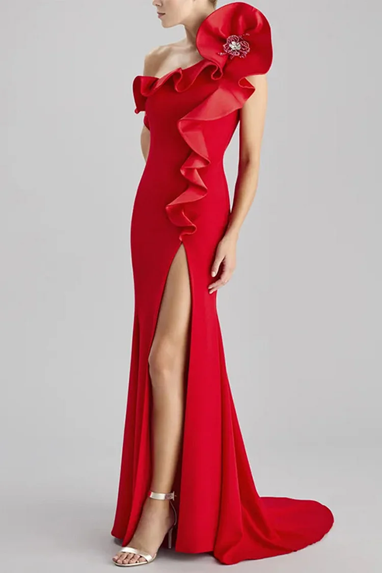 Ruffled Floral One Shoulder Slit Maxi Dress-Red