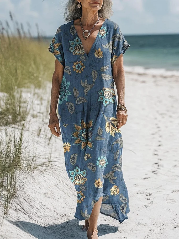 Women's Vintage Lovely Floral Art Print Pocket Cotton Dress